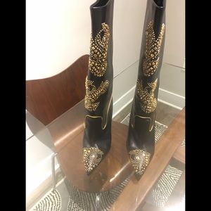 VERSACE BLACK LEATHER KNEE HIGH WITH GOLD DECOR